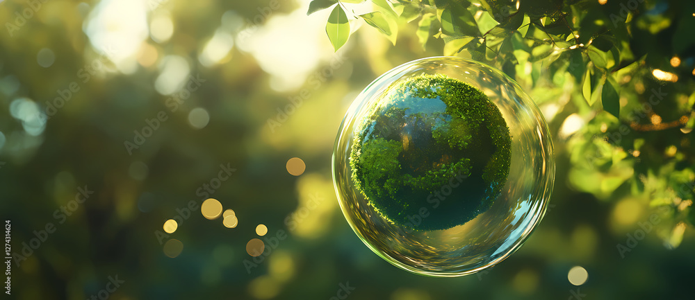 Aufkleber eco-bubble: a captivating image that portrays the earth encapsulated in a transparent bubble amidst 