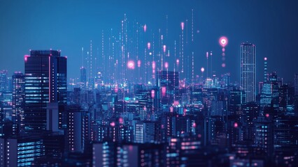 Fototapeta premium futuristic city skyline with digital data graphs floating above, symbolizing urban economic growth and smart technology