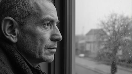 Portrait of elderly man in foggy window reflecting years of solitude Vintage black and white