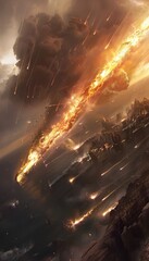 Meteor collides with ocean of liquid light, producing radiant ripples and illuminated waves