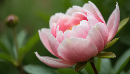 Fototapeta premium Close-Up of Blooming Pink Peony Flower, Soft Natural Lighting, Delicate Petals with Detailed Texture