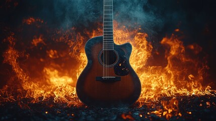 Acoustic guitar surrounded by flames and smoke, creating a dramatic and intense atmosphere