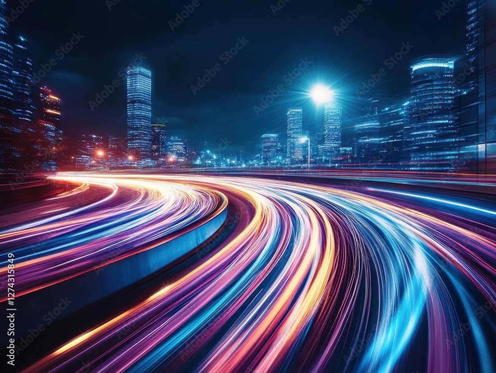 Poster dynamic cityscape nightscape with vibrant light trails capturing urban energy and modern architectur