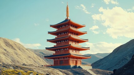 Majestic Five Storied Pagoda Amidst Mountain Scenery