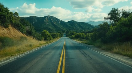 Naklejka premium Panoramic view of the Pacific Coast Highway, an empty road stretching into the distance with a clear blue sky overhead.