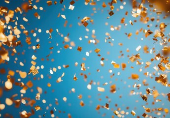 Colorful Confetti Falling Against a Bright Blue Background, Perfect for Celebrations, Parties, and Festive Events, Dynamic and Lively Scene