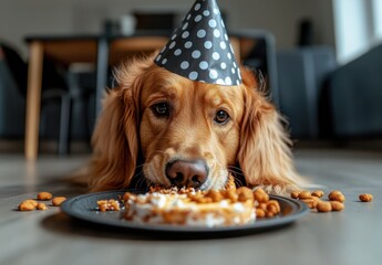 Adorable golden retriever dog wearing polka dot party hat, eagerly gazing at festive cake with treats scattered on the floor during birthday celebration at home