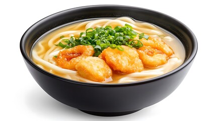 Delicious bowl of noodles with golden shrimp and fresh green onions in a black ceramic dish