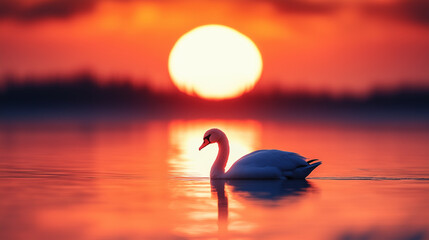 Fototapeta premium Elegant swan gliding on a tranquil lake at sunset for romantic wallpapers, nature blogs, and meditation backgrounds