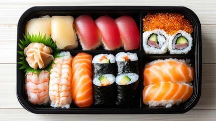 Colorful assortment of sushi and sashimi in a black bento box on a wooden table