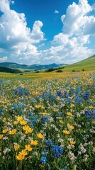 Fototapeta premium Scenic Meadow Vista with Vibrant Wildflowers Under a Blue Sky with Fluffy Clouds in a Serene Landscape