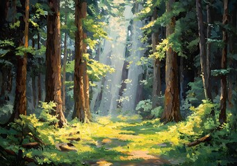 Obraz premium Lush Forest Scene with Towering Ancient Trees and Filtered Sunlight