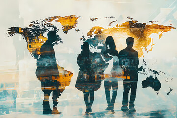 Global Team: Silhouettes of a diverse group of individuals stand before a world map, symbolizing international collaboration, global reach, and interconnectedness in business or travel.