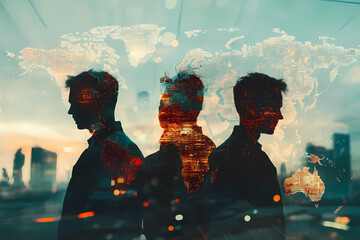 Global Visionaries: Three silhouettes of determined individuals stand united against a layered backdrop of a world map and urban cityscape, embodying ambition and global connectivity. 