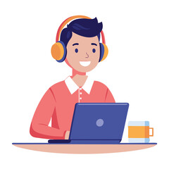 man in headphones, studying at laptop. Happy female student watching business webinar. Video conference call, remote work communication. Flat vector illustration isolated on white background