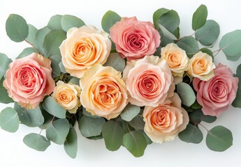 Obraz premium Beautiful arrangement of pink and peach roses surrounded by eucalyptus leaves on a white background, perfect for floral design inspiration
