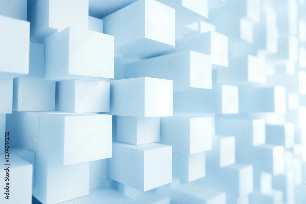 Poster abstract composition featuring a multitude of white cubes in varying states of focus and depth