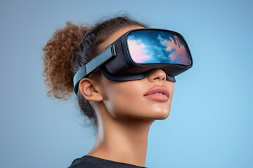 Fototapeta premium A close-up of a face wearing VR glasses, with vibrant reflections of the virtual world visible, on plain background