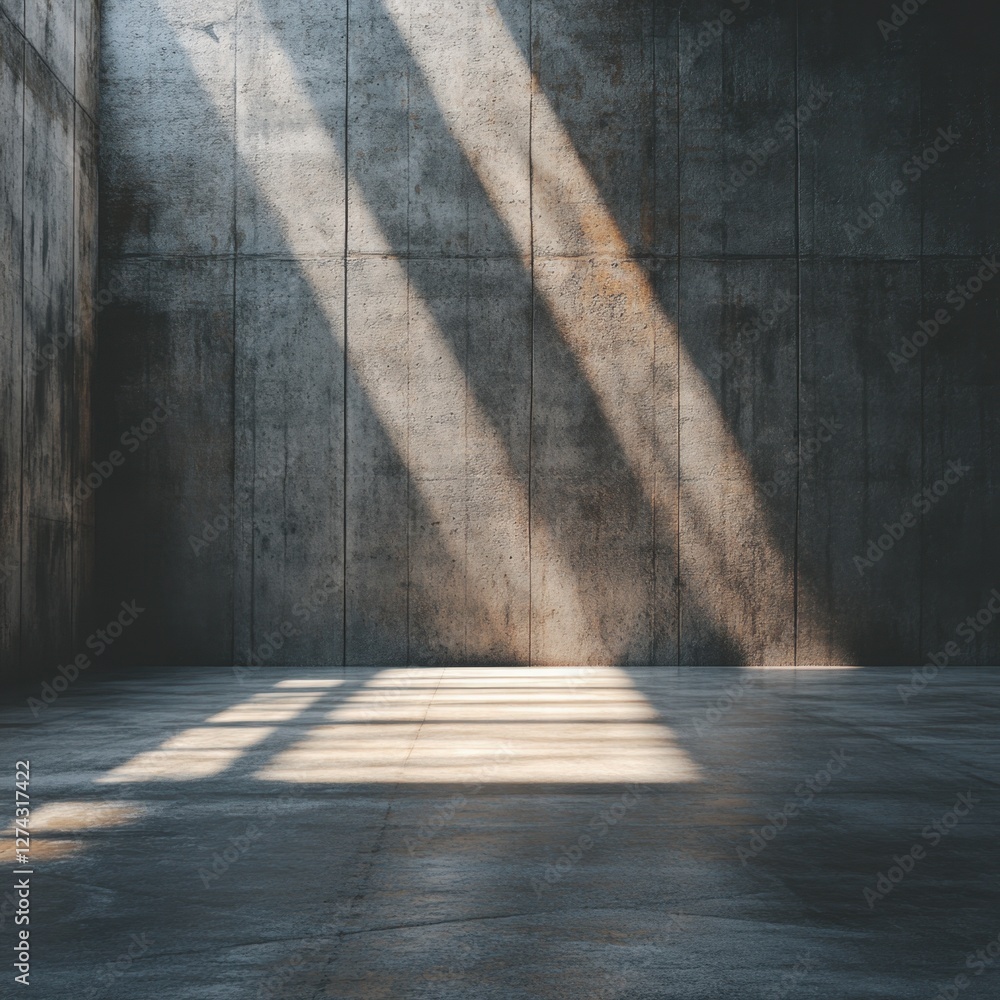 Poster sunlight streaming through concrete structure creating dramatic light and shadow play on interior sp