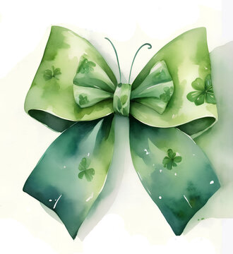 Green bow with ribbins and shamrocks. Cute watercolor illustration for holiday St. Patrick's Day.
