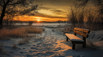 Serene winter sunset over a snowy park bench and frosty landscape, perfect for inspirational prints, seasonal greeting cards, and reflective blog posts