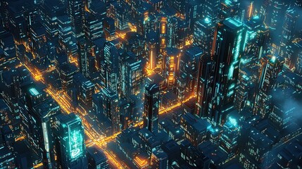 A cityscape with many buildings lit up at night