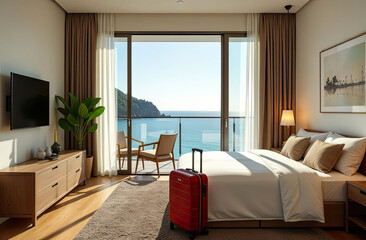 Obraz premium The interior of the hotel room with a view of the ocean for a beach holiday and travel. 