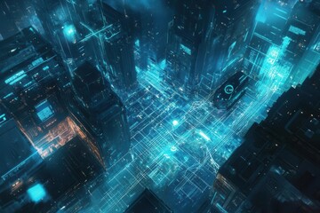 aerial view of futuristic cityscape with glowing grid overlay, autonomous vehicles, and data visualization elements in cool blue tones
