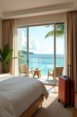 Fototapeta premium The interior of the hotel room with a view of the ocean for a beach holiday and travel. 