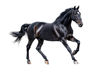 Fototapeta premium A black horse galloping isolated on white background