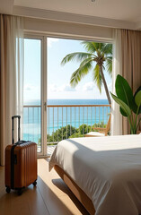 Obraz premium The interior of the hotel room with a view of the ocean for a beach holiday and travel. 