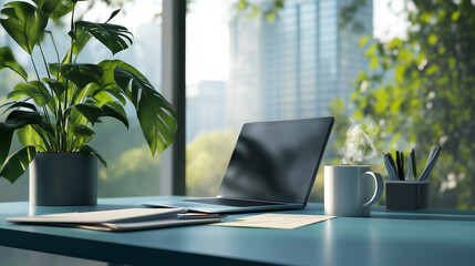 Fototapeta premium Modern Office Desk with Blue Glass, Laptop, Coffee, Plant, and City View
