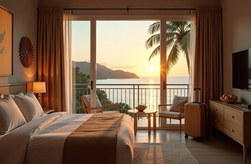 Obraz premium The interior of the hotel room with a view of the ocean for a beach holiday and travel. 