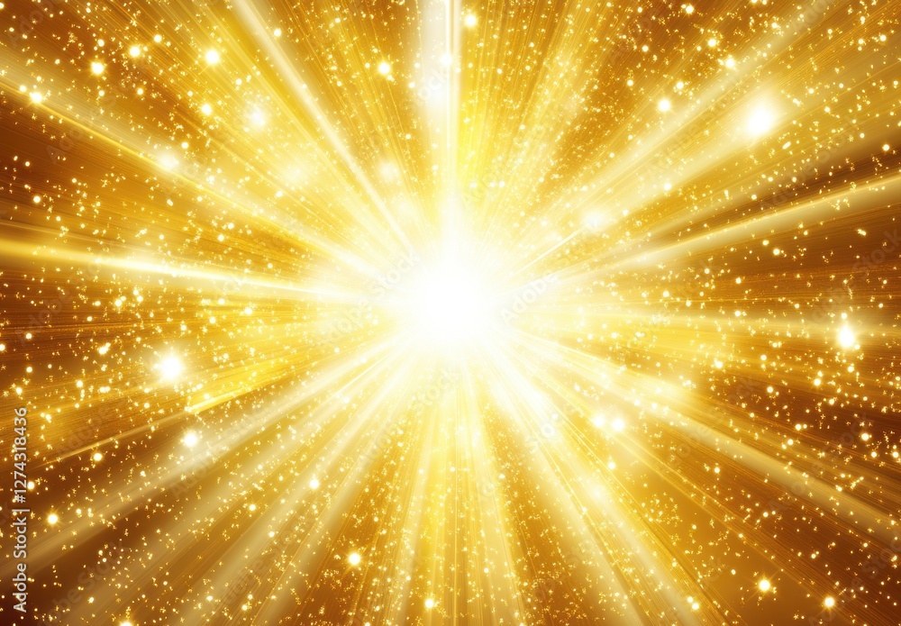Poster bright golden burst of light with glowing particles shining in dark space creating a magical and eth