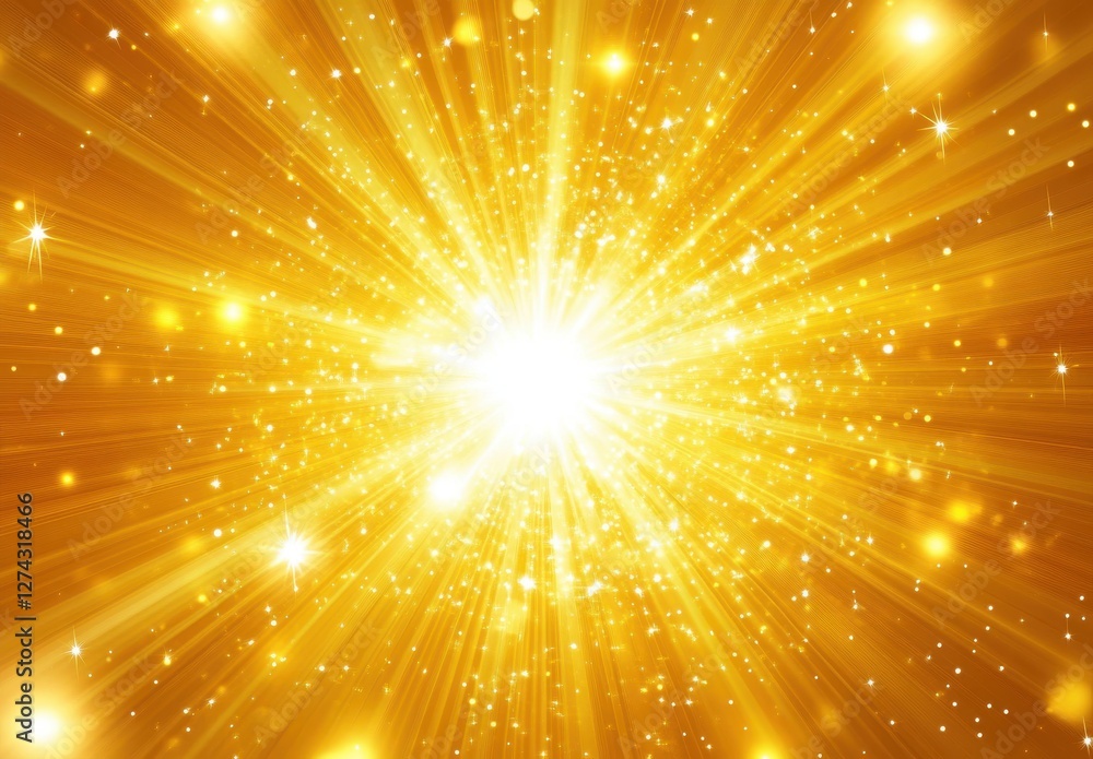 Poster bright golden light explosion with radiant beams and sparkling flare in a vibrant warm background fo