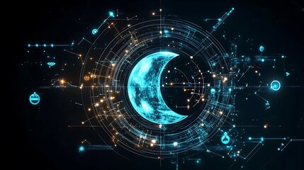 Fototapeta premium Futuristic Abstract Moon with Glowing Circles and Digital Elements in a Sci-Fi Inspired Background