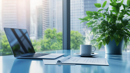 Fototapeta premium Modern Office Desk with Blue Glass, Laptop, Coffee, Plant, and City View