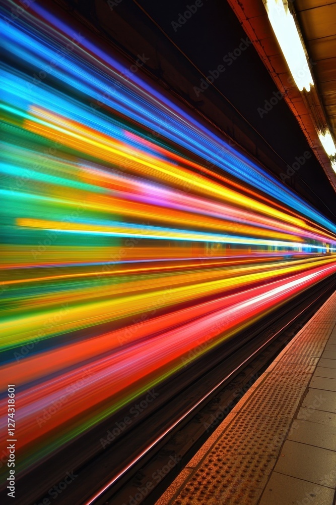 Poster dynamic train speeding through subway station with vibrant light trails and motion blur photography 