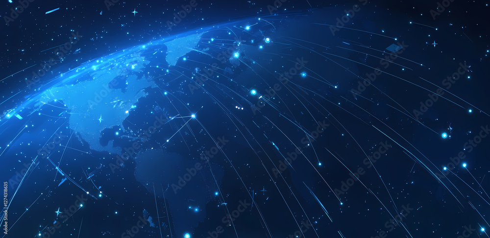 Poster global network: depicting a dynamic world of interconnectedness. lines radiate across the digital ma