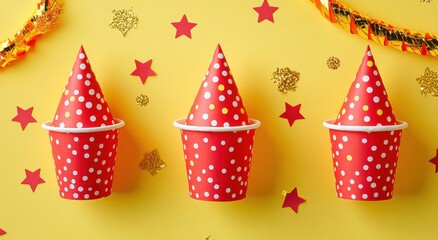 Colorful Party Hats with Red Polka Dots and Festive Decorations on Bright Yellow Background for Celebration and Fun Event Planning