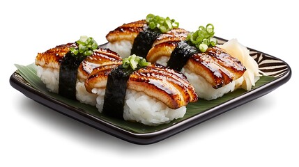 Delicious grilled eel sushi topped with green onions on a black plate with ginger and wasabi garnishes
