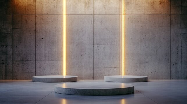 Stylized design of minimalist interior space featuring three illuminated circular columns. A wall composed of vertical rectangular blocks with a contrasting texture. Overhead lighting accentuates the