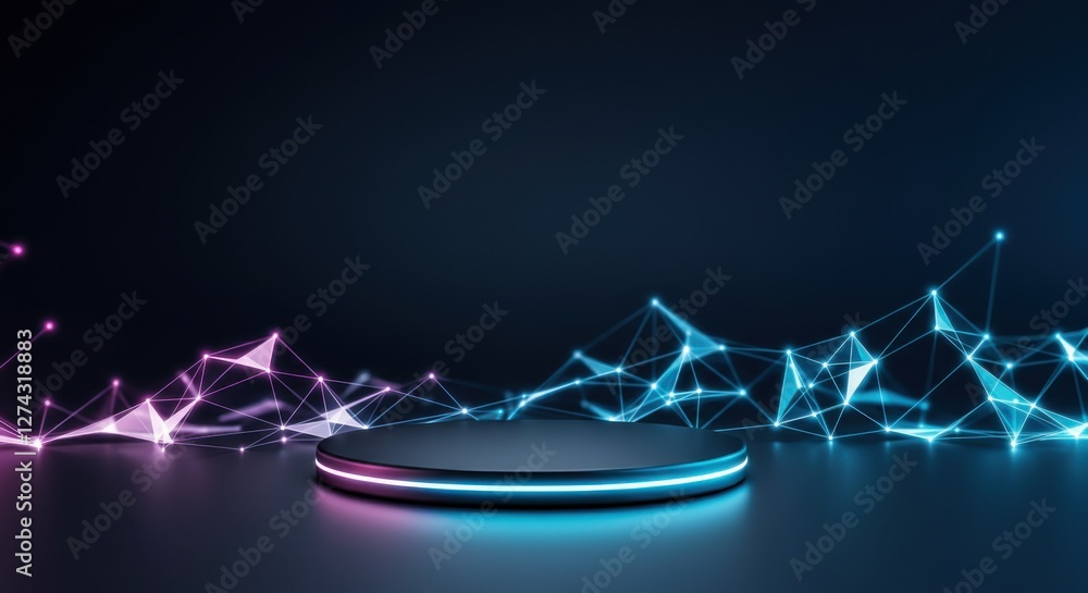 Poster vibrant futuristic display platform with glowing neon lines and shapes in a dark environment