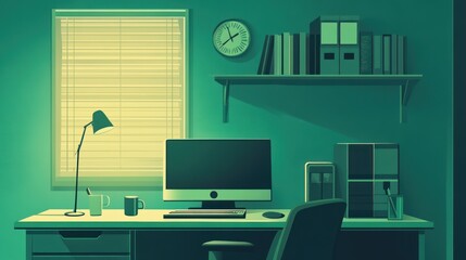 Night office desk, computer, work, books, window