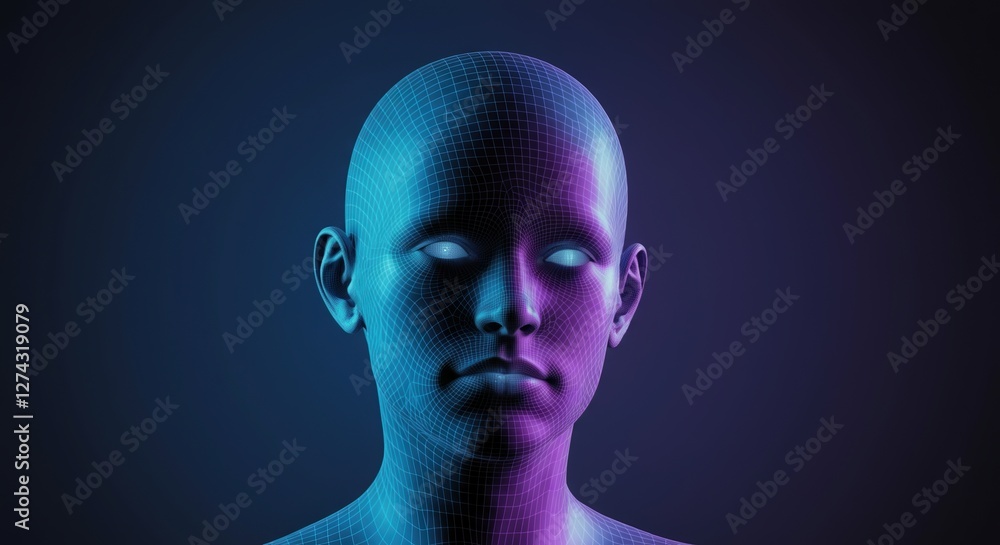 Aufkleber digital humanoid face with a wireframe structure and neon lighting effects displayed against a dark 