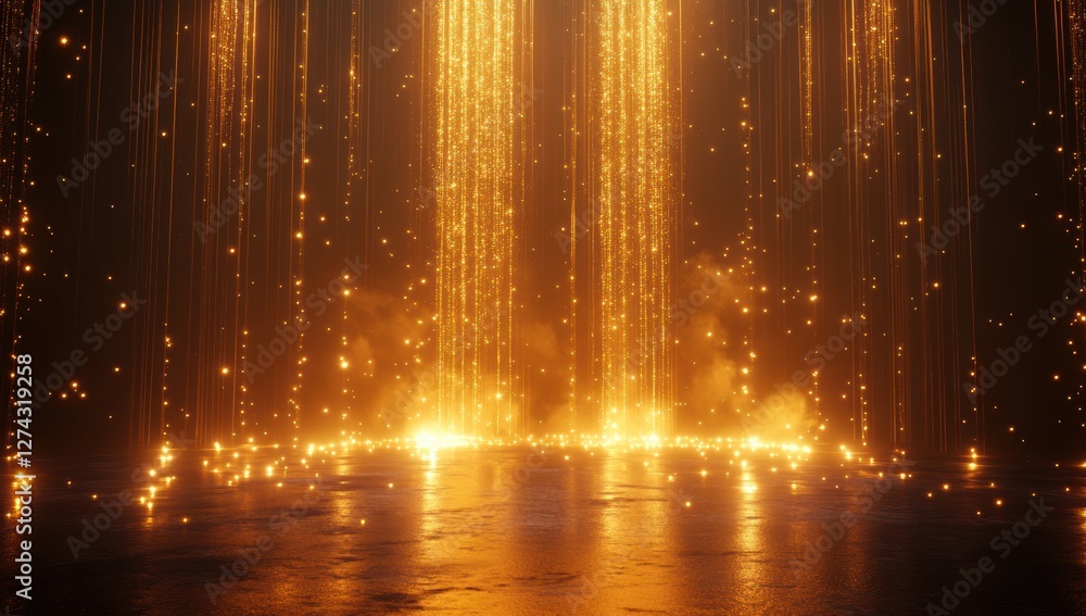 Poster captivating radiant glow of golden light beams with sparkling dust on a dark background in an enchan