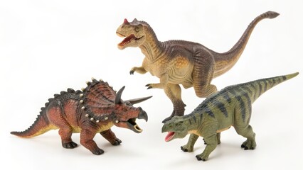 Fototapeta premium Three Dinosaur Toys on White Background