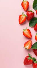 Fresh strawberries arranged on a pink background with green leaves during summer time