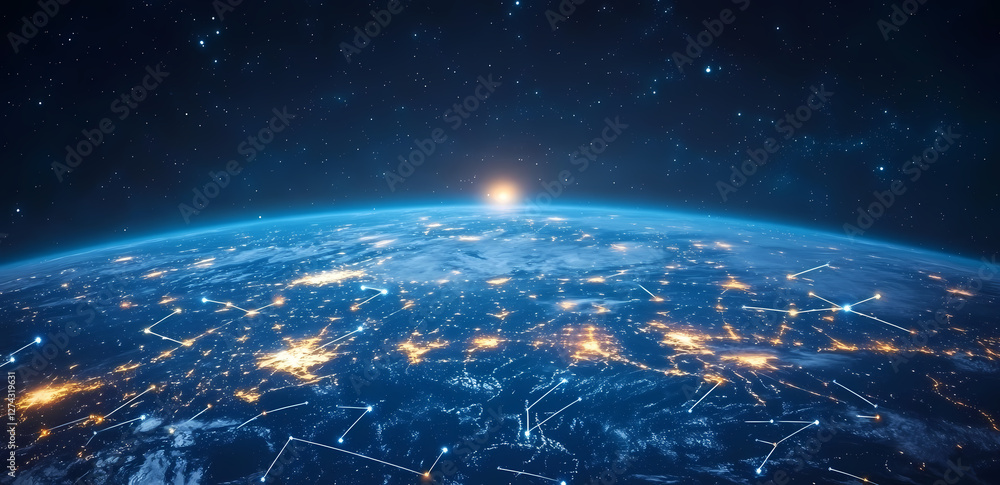 Poster global connection: illuminated city lights across the globe, with the backdrop of the vast expanse o