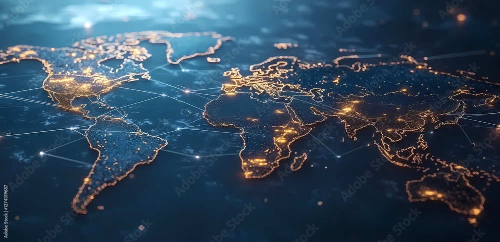 Aufkleber global network: a mesmerizing image of the world map, intricately illuminated with glowing city ligh